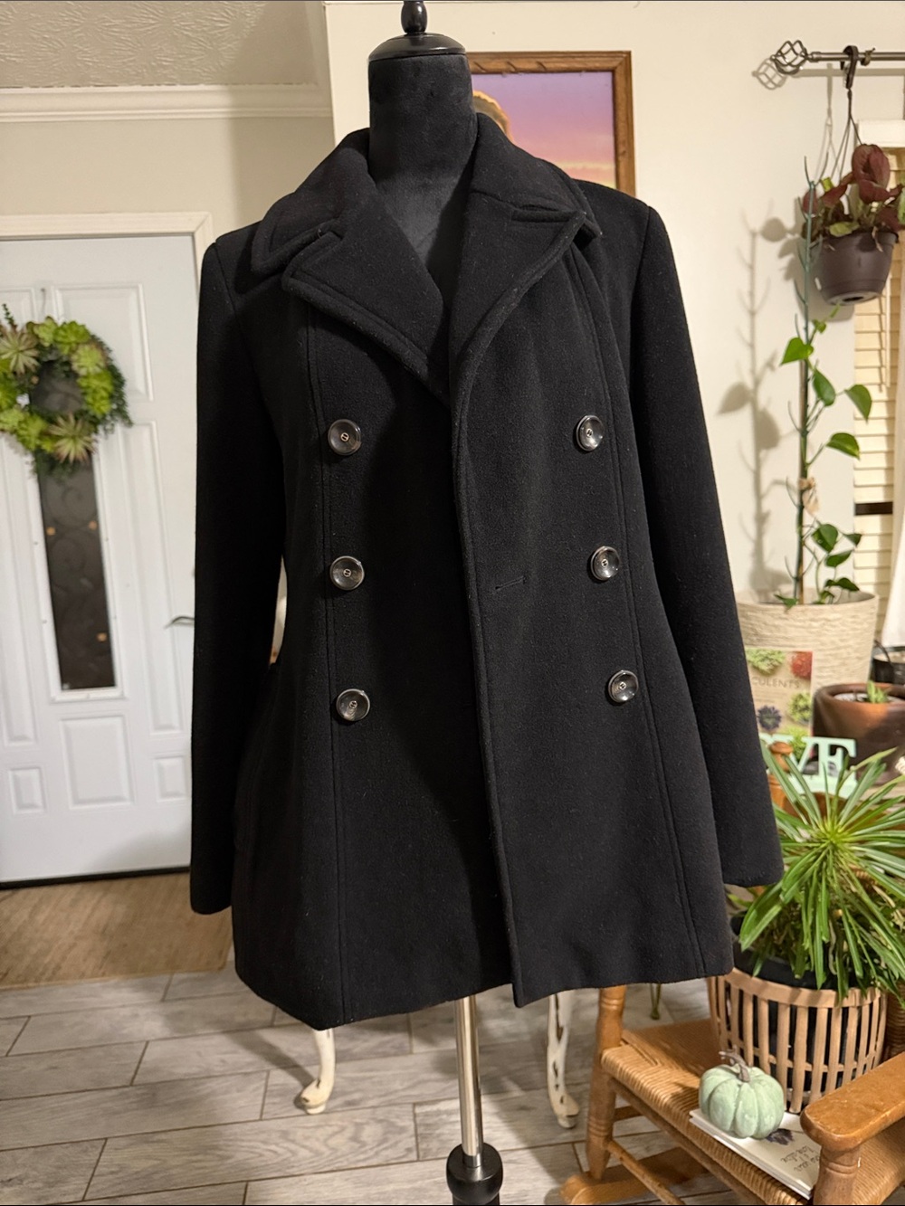 Calvin Klein Black Double-Breasted Wool Blazer Coat